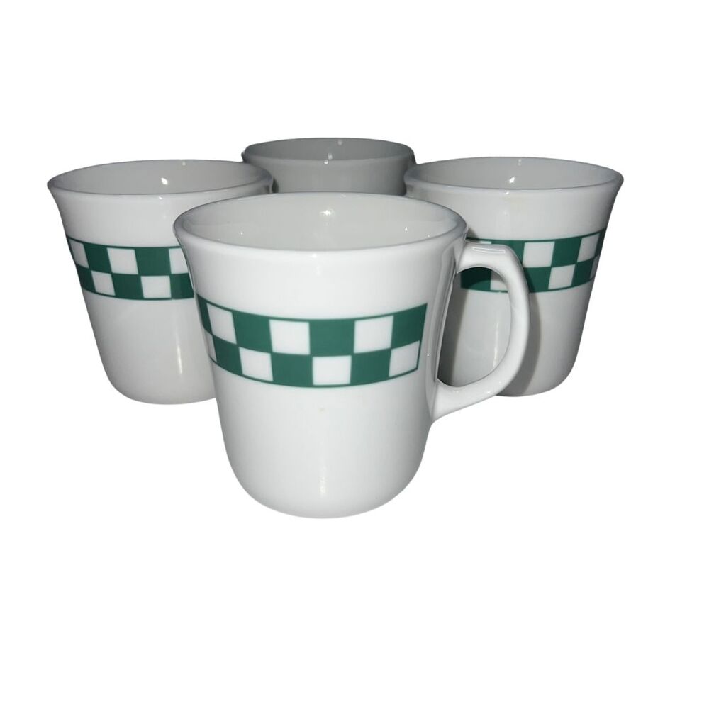 Vintage Corningware Coffee Cups Green Checks Set of 4 Hot Beverage Mugs USA